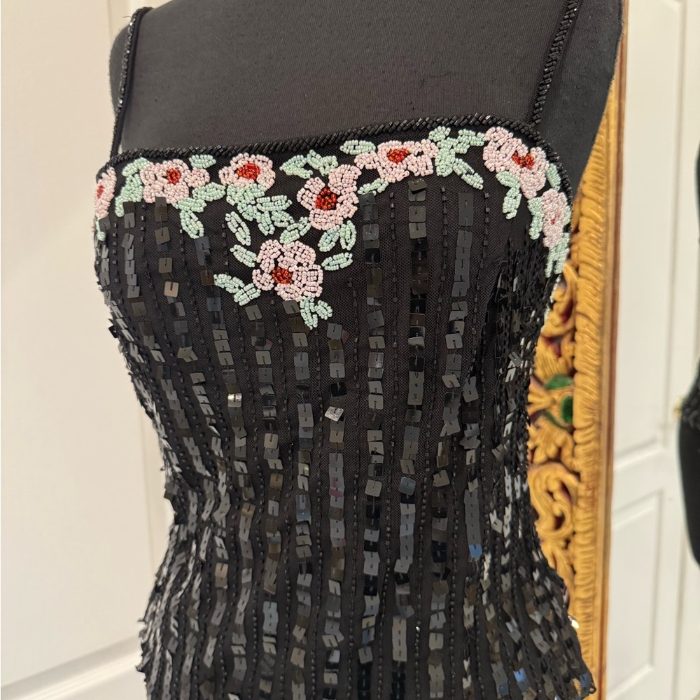 Elegant Attitudes by Debra Black hand Beaded camisole top with Floral Accents - Picture 2 of 6